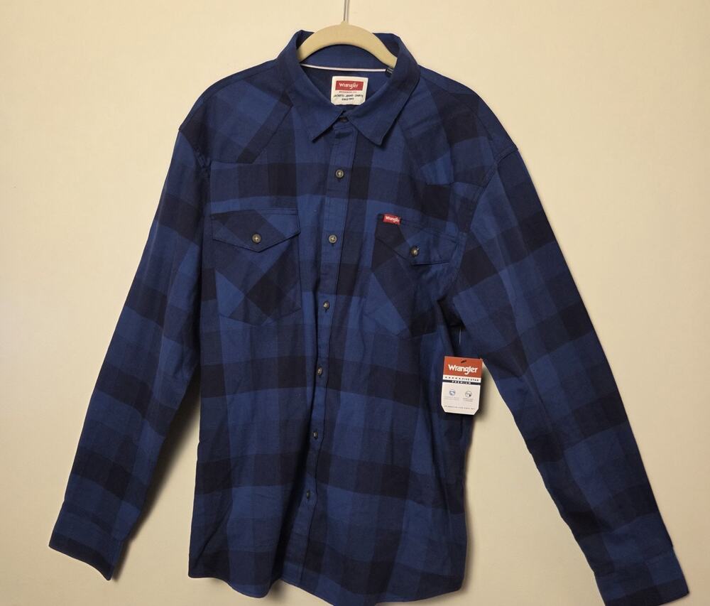 Wrangler Five Star Premium Mens Large Blue Black Buffalo Plaid Flannel Shirt NWT